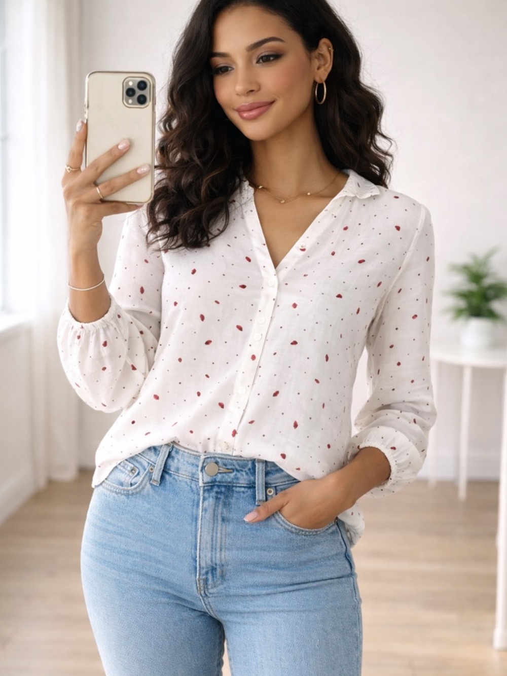 stradivarius White Button-Down Shirt with Red Dot Print